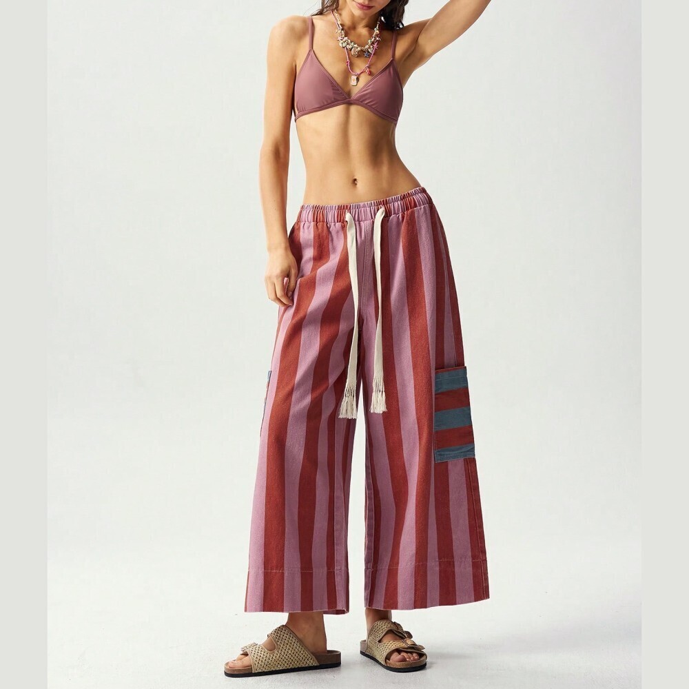 Pink & Burgundy Striped Cropped Pants with Tassel Drawstring - Picture 7 of 7